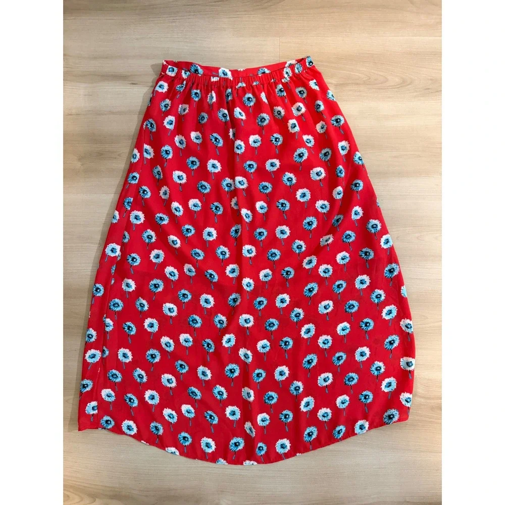 J.Crew Faux Wrap Midi Skirt Red XS Womens Floral Dandelion Casual